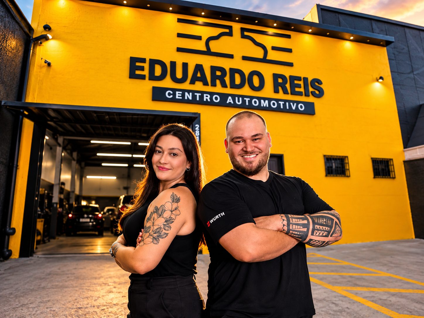 Equipe do Eduardo Reis Centro Automotivo em frente à fachada amarela da oficina, no Parque Industrial, em São José do Rio Preto